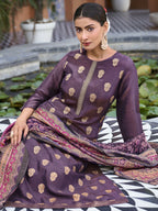 Jyoti Fashion Women's Purple Pure Silk Elegant Jacquard Woven Kurta with Trouser & Dupatta | Grocsy