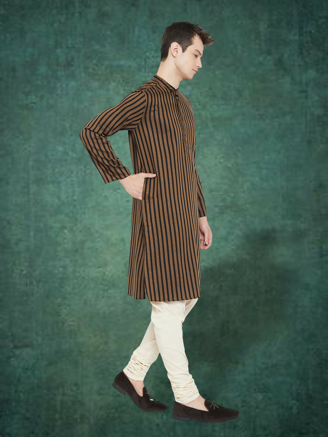 Even Apparels Men's Striped Brown and Black Kurta | Grocsy