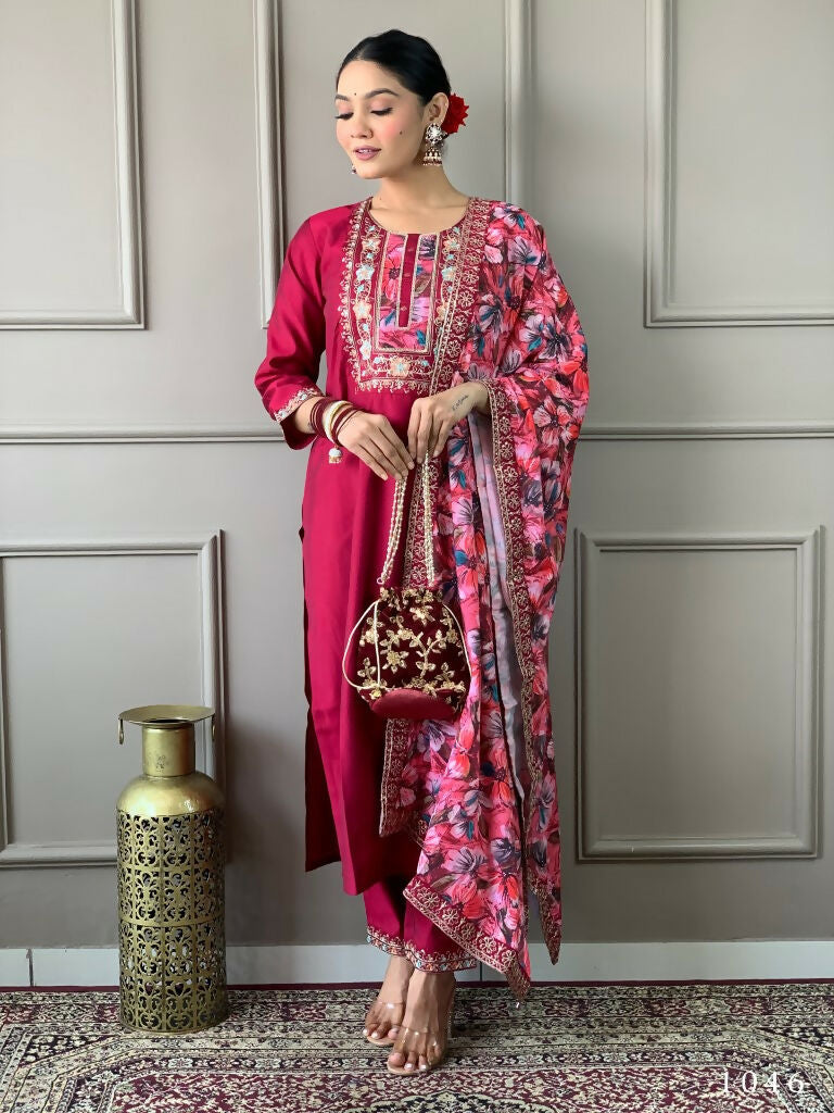 Partywear Designer Viscos Chanderi Maroon Stitched Suit With Dupatta - Tanisha | Grocsy