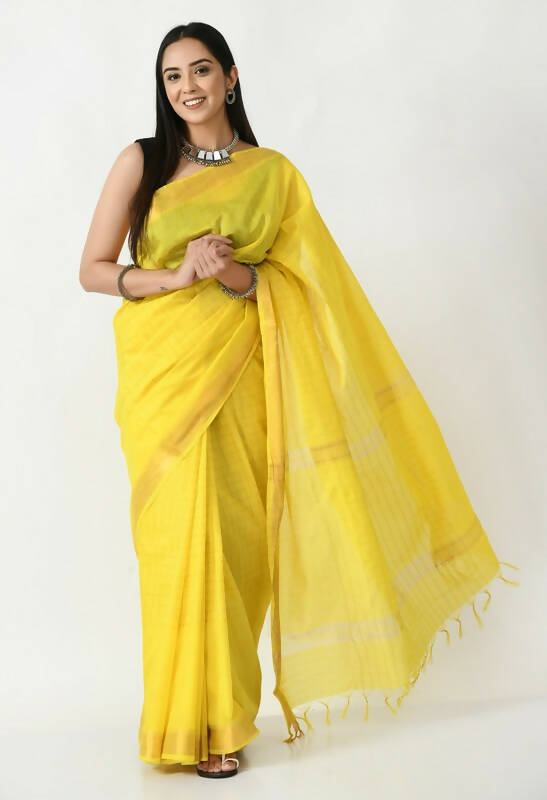 Mominos Fashion Moeza Yellow Bhagalpuri Handloom Silk Raj Shree Saree with unstitched Blouse piece | Grocsy
