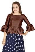 Aastha Fashion Women's Coffee Art Silk Bell Sleeves attire with Poly Cotton Lining Blouse | Grocsy