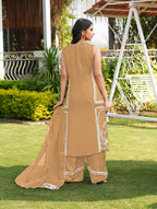 Nikhaar Light Brown Embroidered Modal Silk Stitched Straight Cut Kurta Culottes Dupatta Readymade Suit | Grocsy