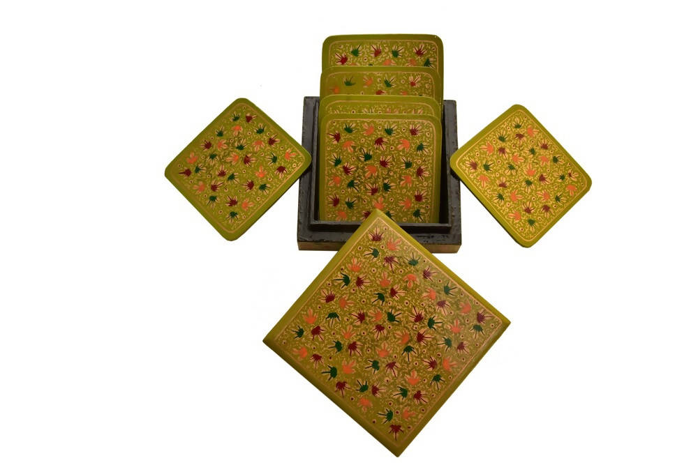 Nizalia Chinar Leaf Embossed Sea Green Paper Mache Square Coasters | Grocsy