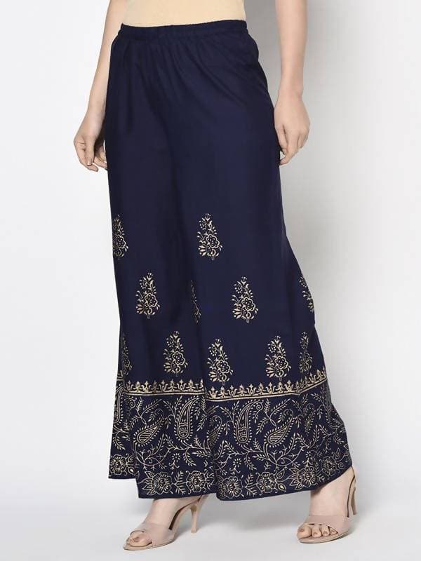 Aniyah Rayon Navy Blue Color Block Print Flared Slip-On Palazzo (AN-211K) | Grocsy