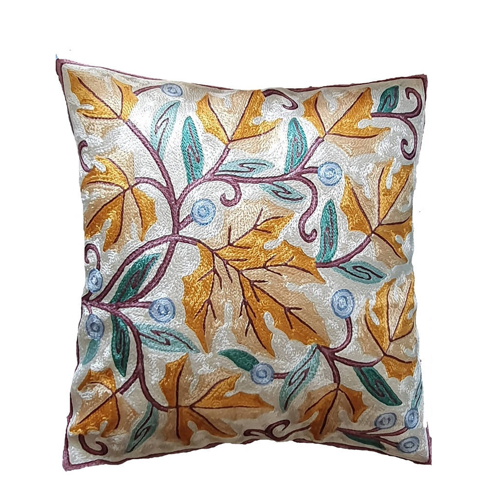 The Decor Nook Hand Embroidered Crewel Cushion Covers in Mustard & Chinar Leaf Motif with Off White Base | Grocsy