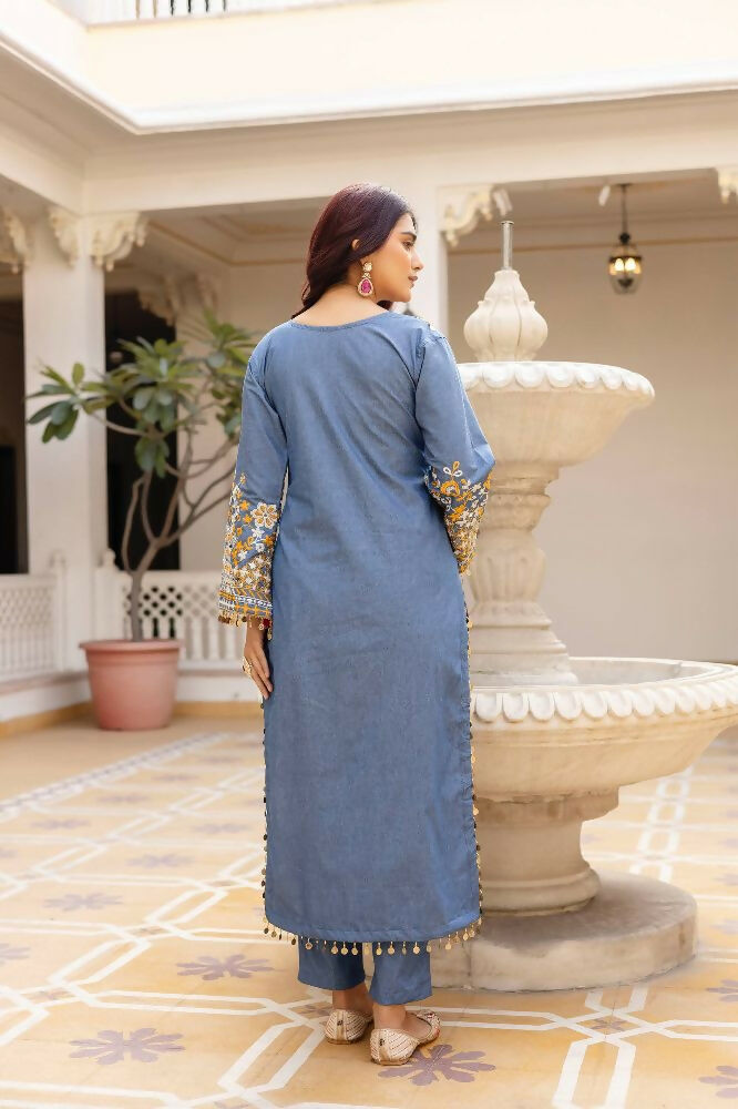 Teeya Creation Blue Color Cotton Denim Party Wear Real Mirror Work kurti | Grocsy