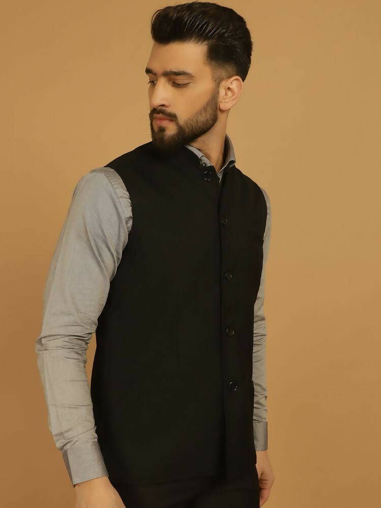 Even Apparels Nehru Jacket With Welt Pockets - Black | Grocsy
