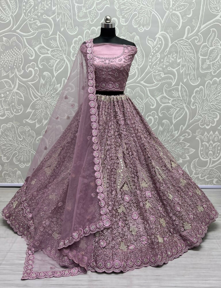 Jyoti Fashion Women's Pyazi Bridal Net Fancy Dori, Multi Thread, Hand Mirror and Diamond Work Wedding Lehenga Choli | Grocsy