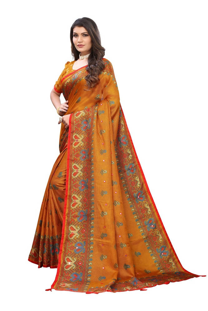 Vamika Mustard Jute Silk Mirror Work Saree | Grocsy