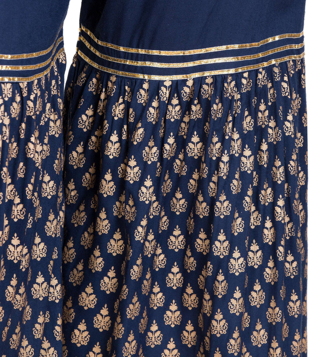 PAVONINE Navy Blue Color 3-Panels Sequence Printed Flared Sharara For Women & Girls | Grocsy