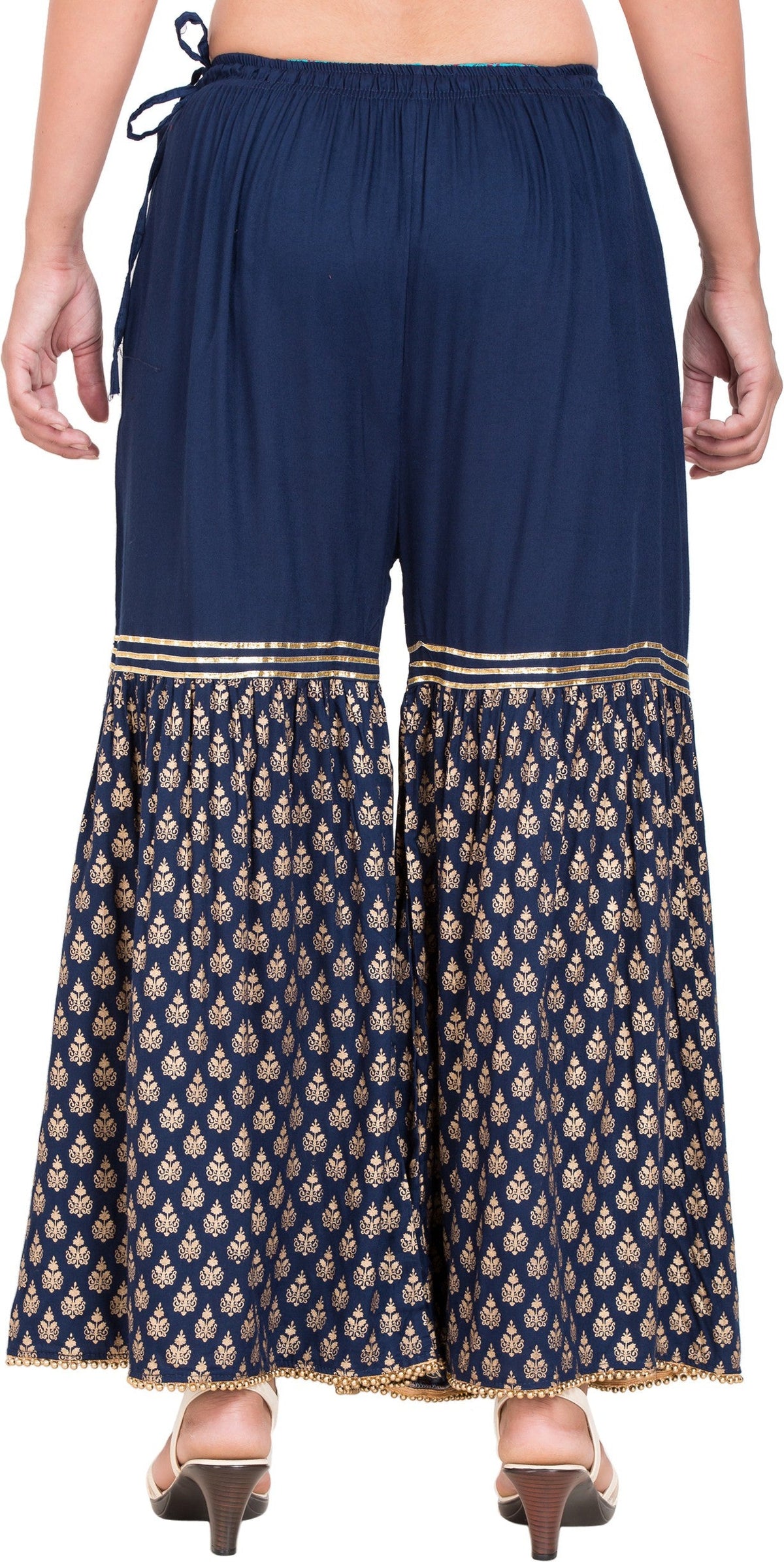 PAVONINE Navy Blue Color 3-Panels Sequence Printed Flared Sharara For Women & Girls | Grocsy