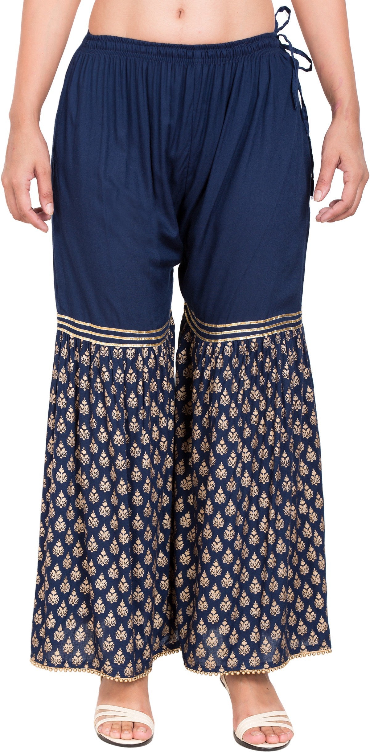 PAVONINE Navy Blue Color 3-Panels Sequence Printed Flared Sharara For Women & Girls | Grocsy