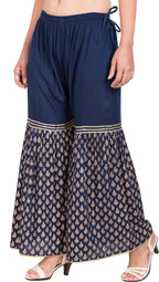 PAVONINE Navy Blue Color 3-Panels Sequence Printed Flared Sharara For Women & Girls | Grocsy
