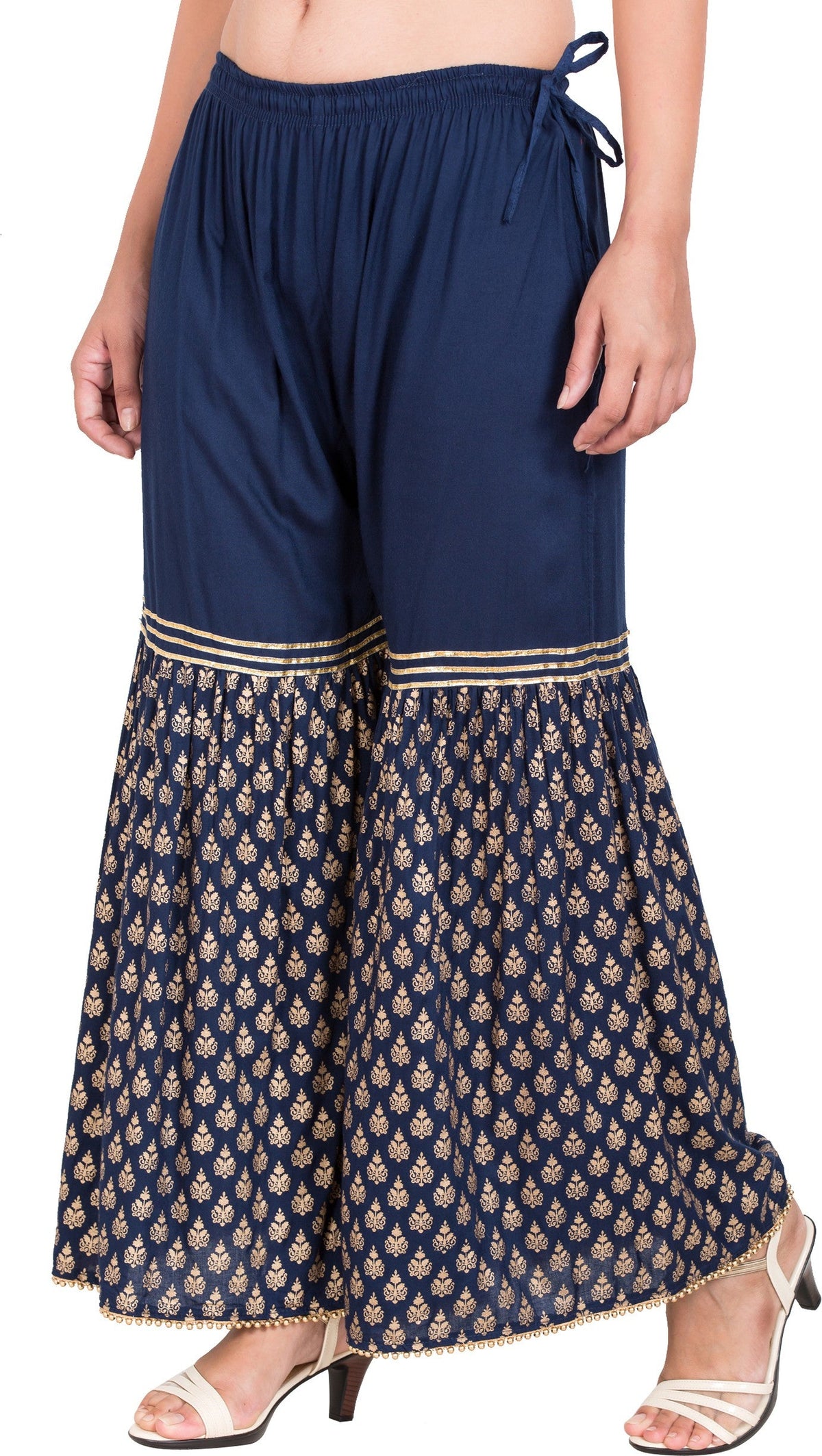 PAVONINE Navy Blue Color 3-Panels Sequence Printed Flared Sharara For Women & Girls | Grocsy