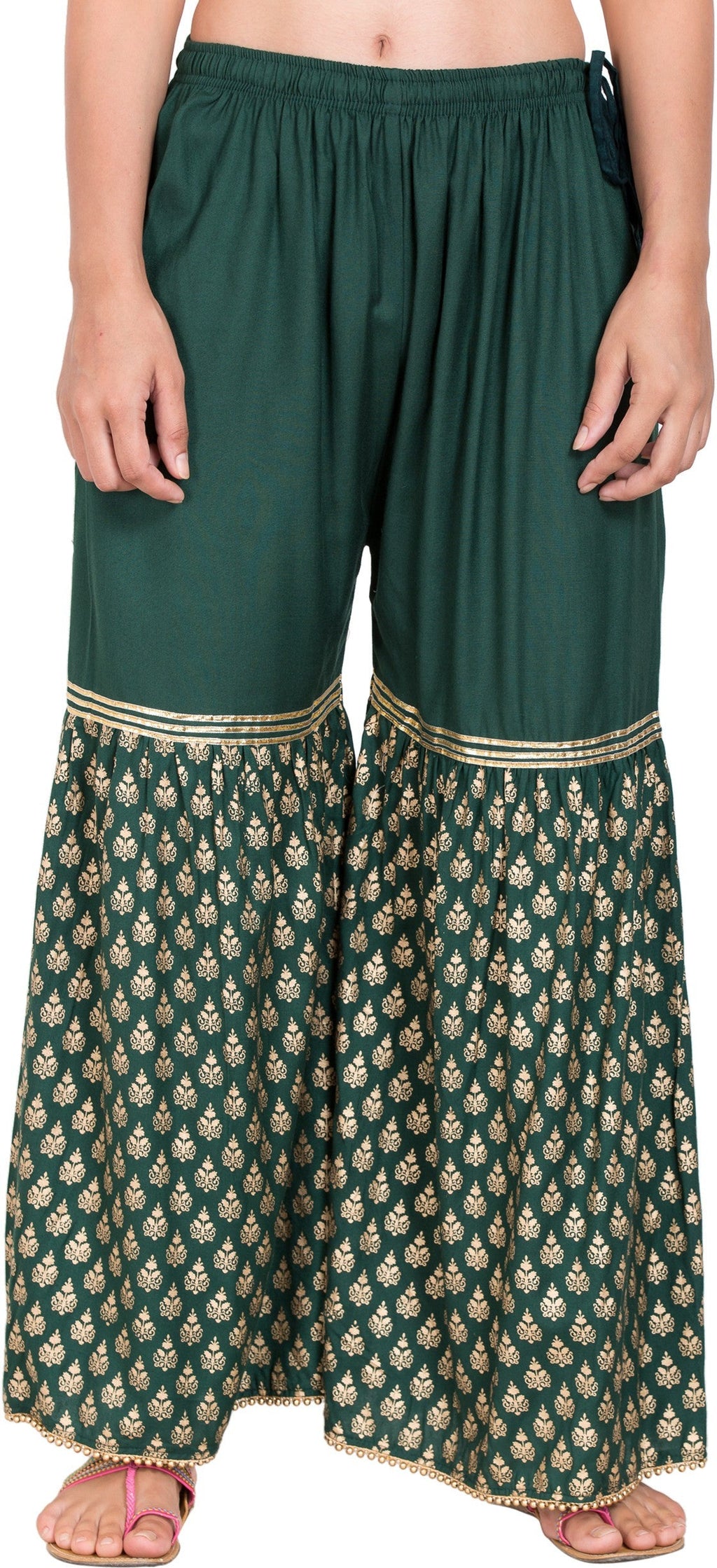 PAVONINE Bottle Green Color 3-Panels Sequence Printed Flared Sharara For Women & Girls | Grocsy