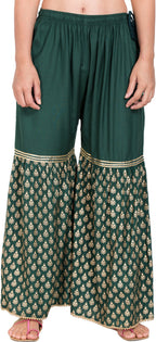 PAVONINE Bottle Green Color 3-Panels Sequence Printed Flared Sharara For Women & Girls | Grocsy