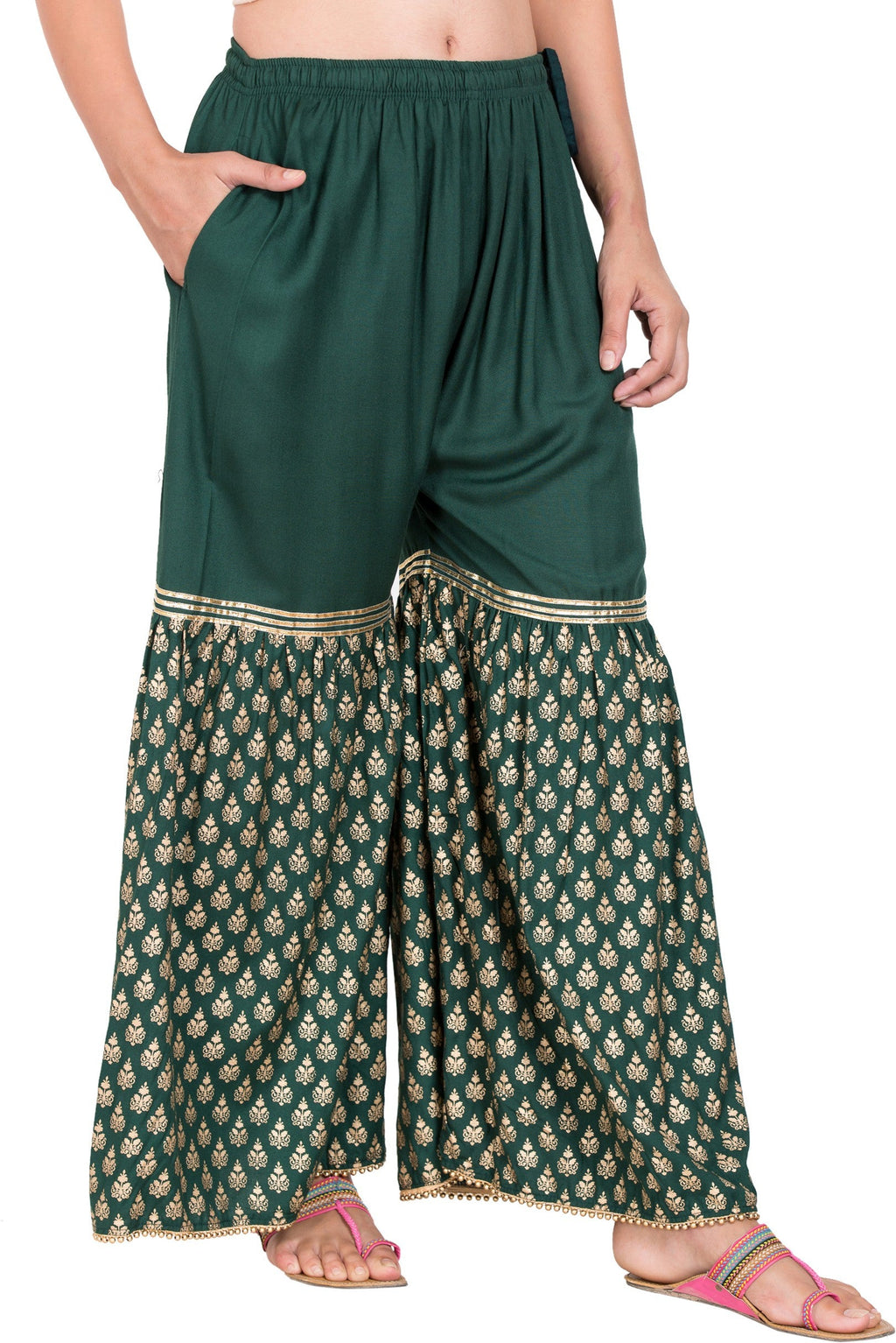 PAVONINE Bottle Green Color 3-Panels Sequence Printed Flared Sharara For Women & Girls | Grocsy