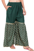 PAVONINE Bottle Green Color 3-Panels Sequence Printed Flared Sharara For Women & Girls | Grocsy