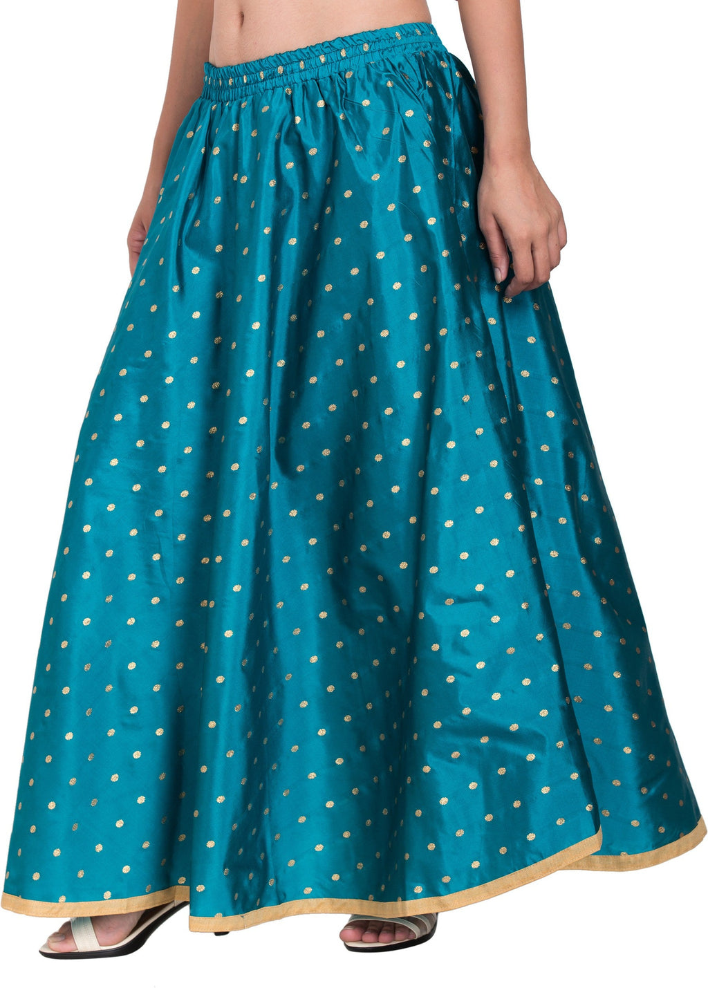 PAVONINE Firozi Color Golden Zari Work Satan Fabric Maxi Skirt For Women | Grocsy