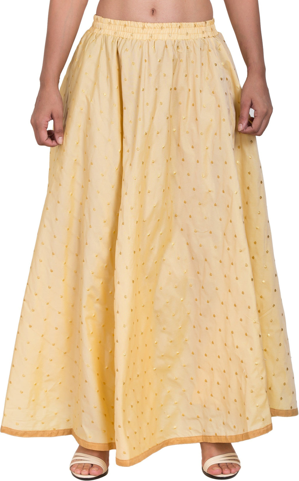 PAVONINE Beige Color Golden Zari Work Satan Fabric Maxi Skirt For Women | Grocsy