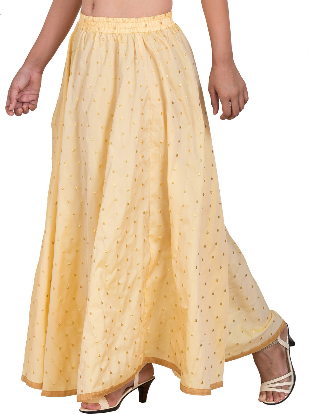 PAVONINE Beige Color Golden Zari Work Satan Fabric Maxi Skirt For Women | Grocsy