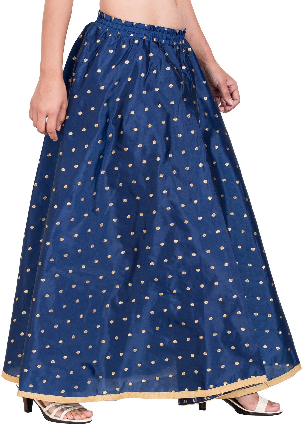 PAVONINE Navy Blue Color Golden Zari Work Satan Fabric Maxi Skirt For Women | Grocsy