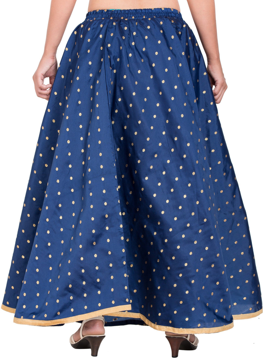 PAVONINE Navy Blue Color Golden Zari Work Satan Fabric Maxi Skirt For Women | Grocsy