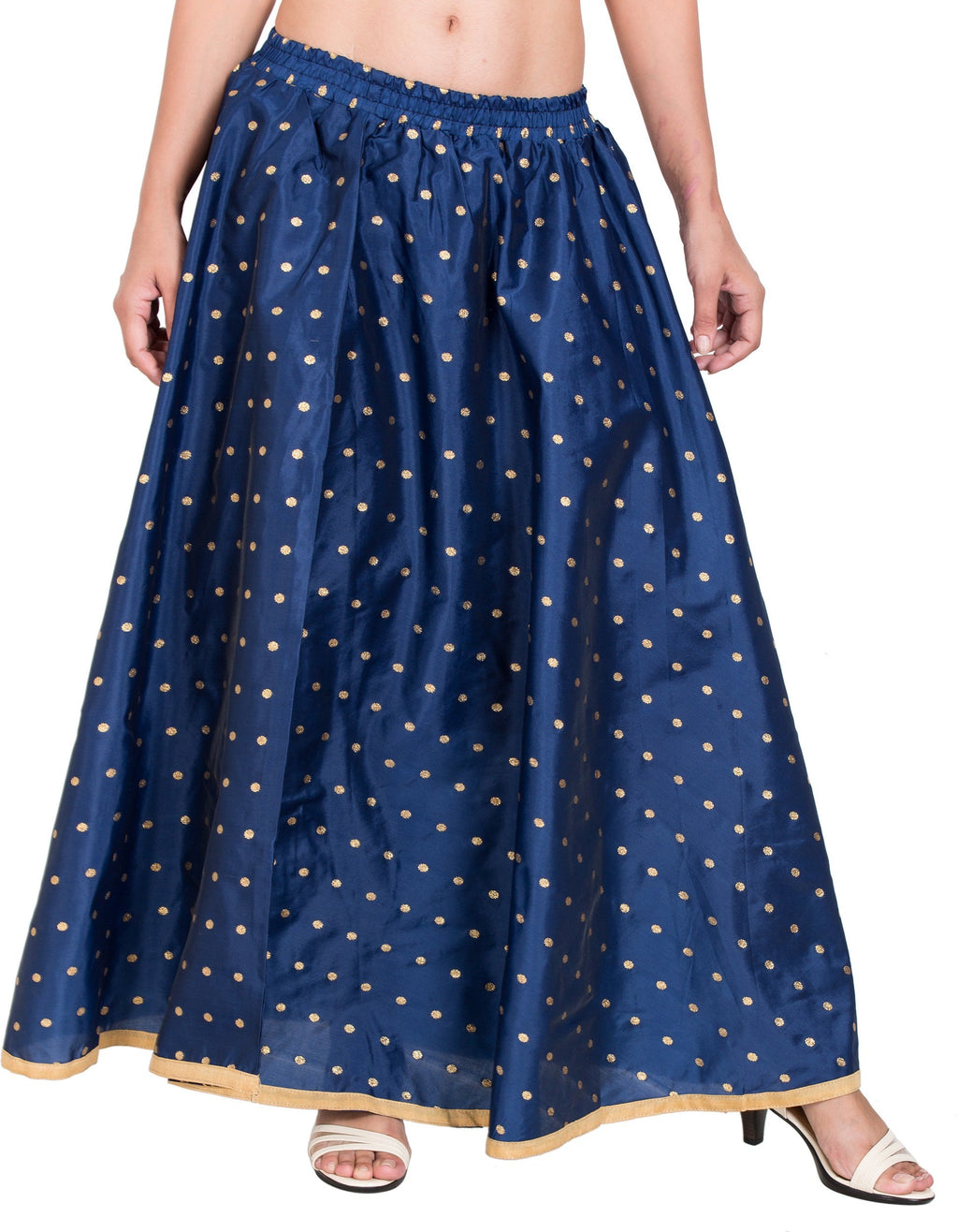 PAVONINE Navy Blue Color Golden Zari Work Satan Fabric Maxi Skirt For Women | Grocsy