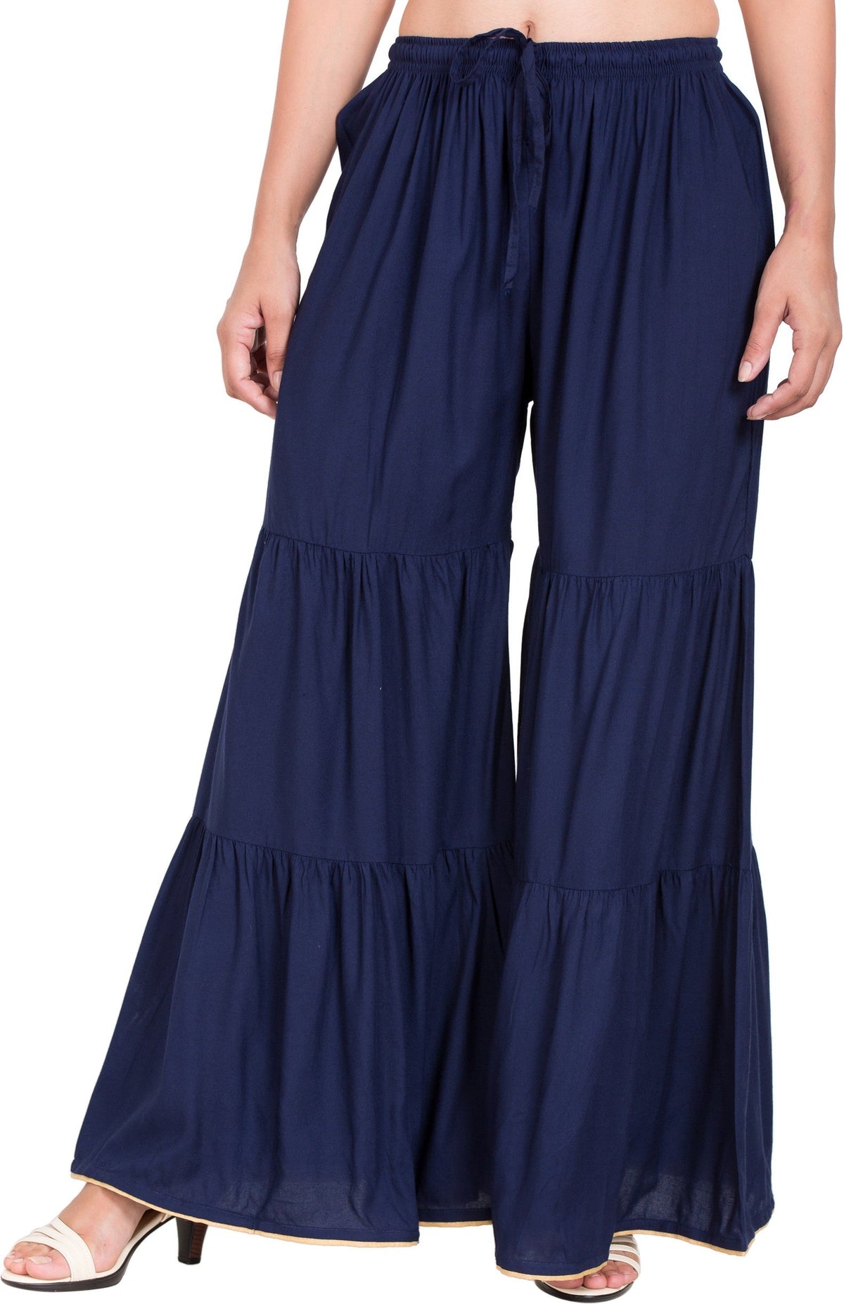 PAVONINE Navy Blue Color Solid 3-Panels Flared Sharara | Grocsy