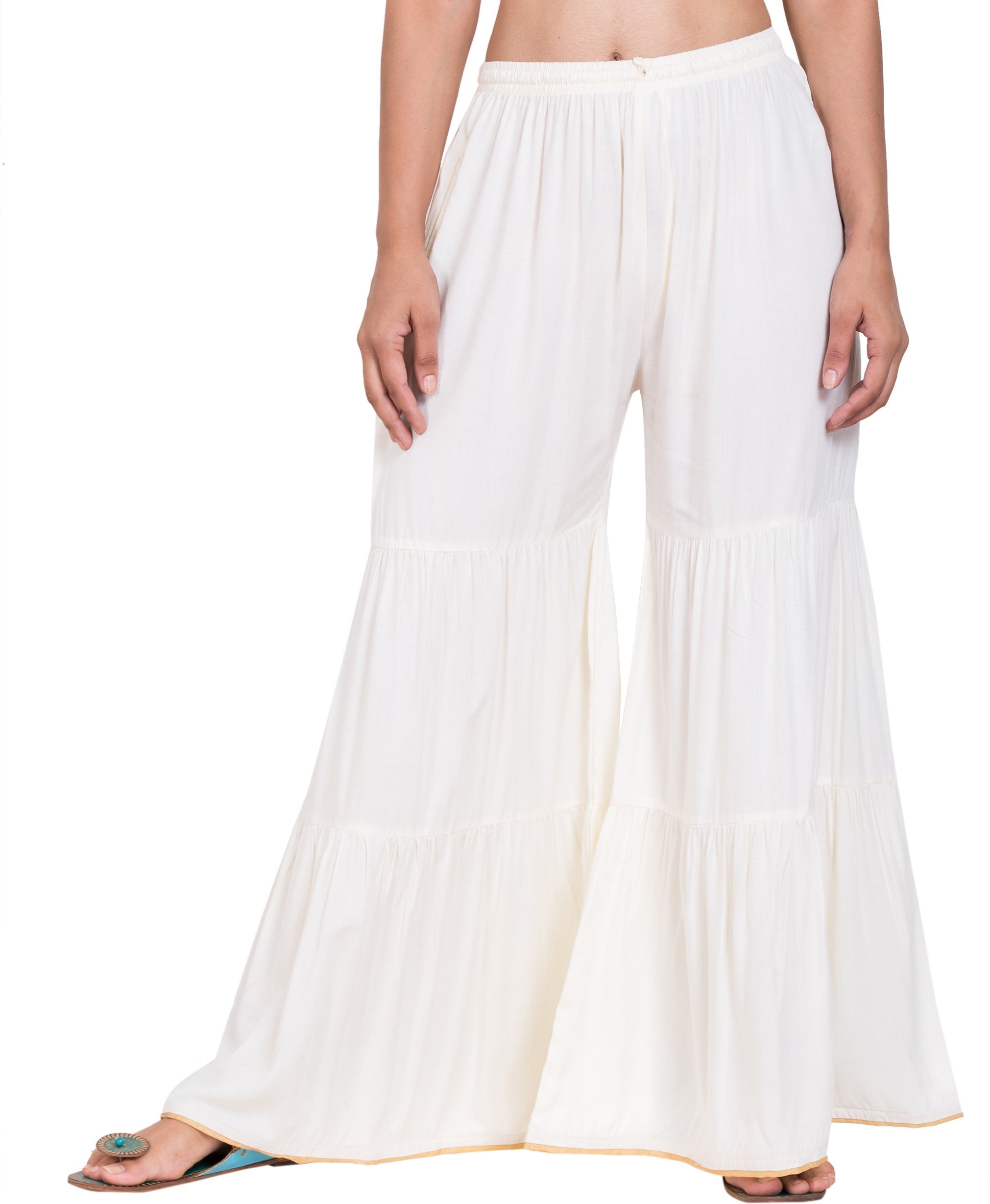 PAVONINE White Color Solid 3-Panels Flared Sharara | Grocsy