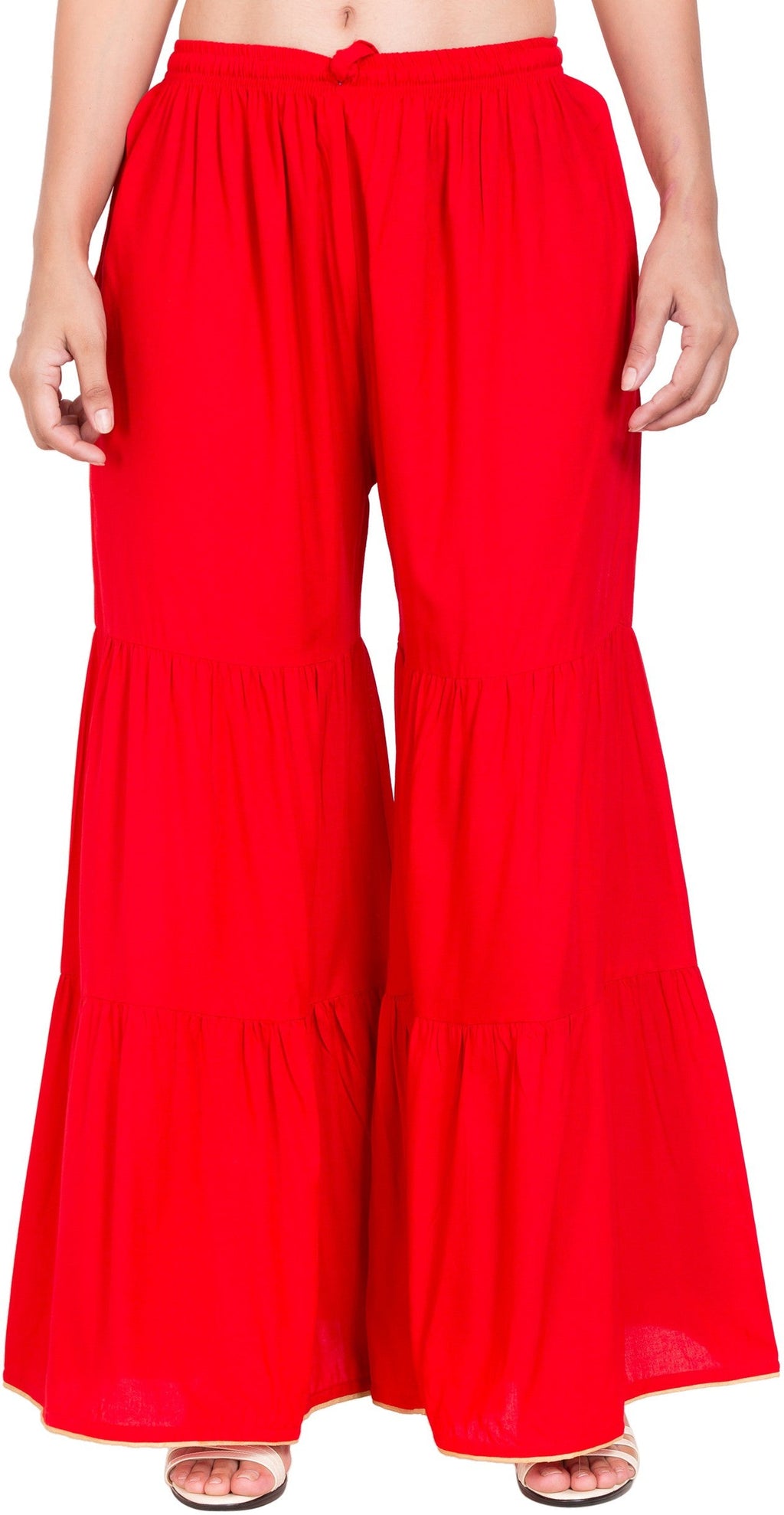 PAVONINE Red Color Solid 3-Panels Flared Sharara | Grocsy