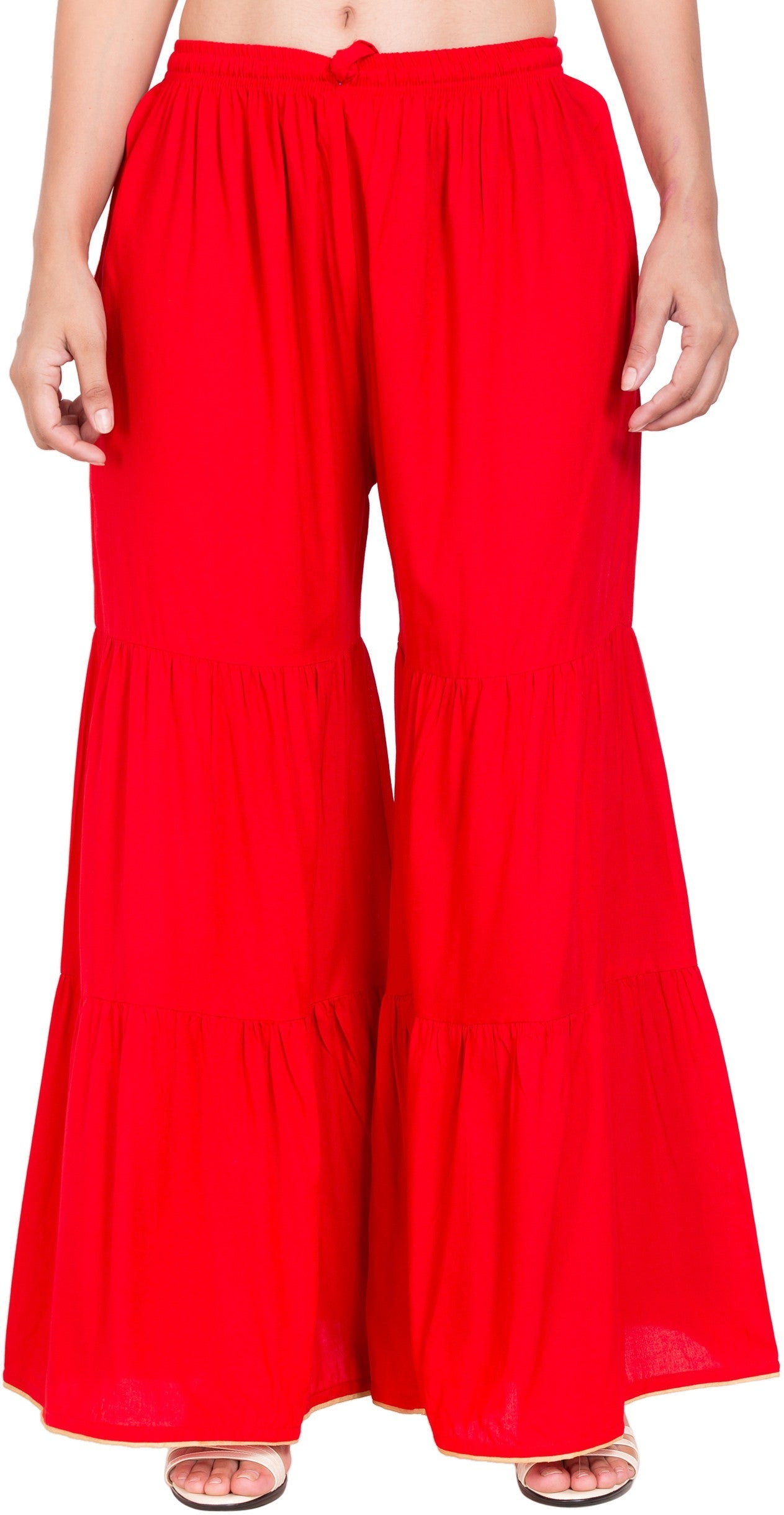 PAVONINE Red Color Solid 3-Panels Flared Sharara | Grocsy