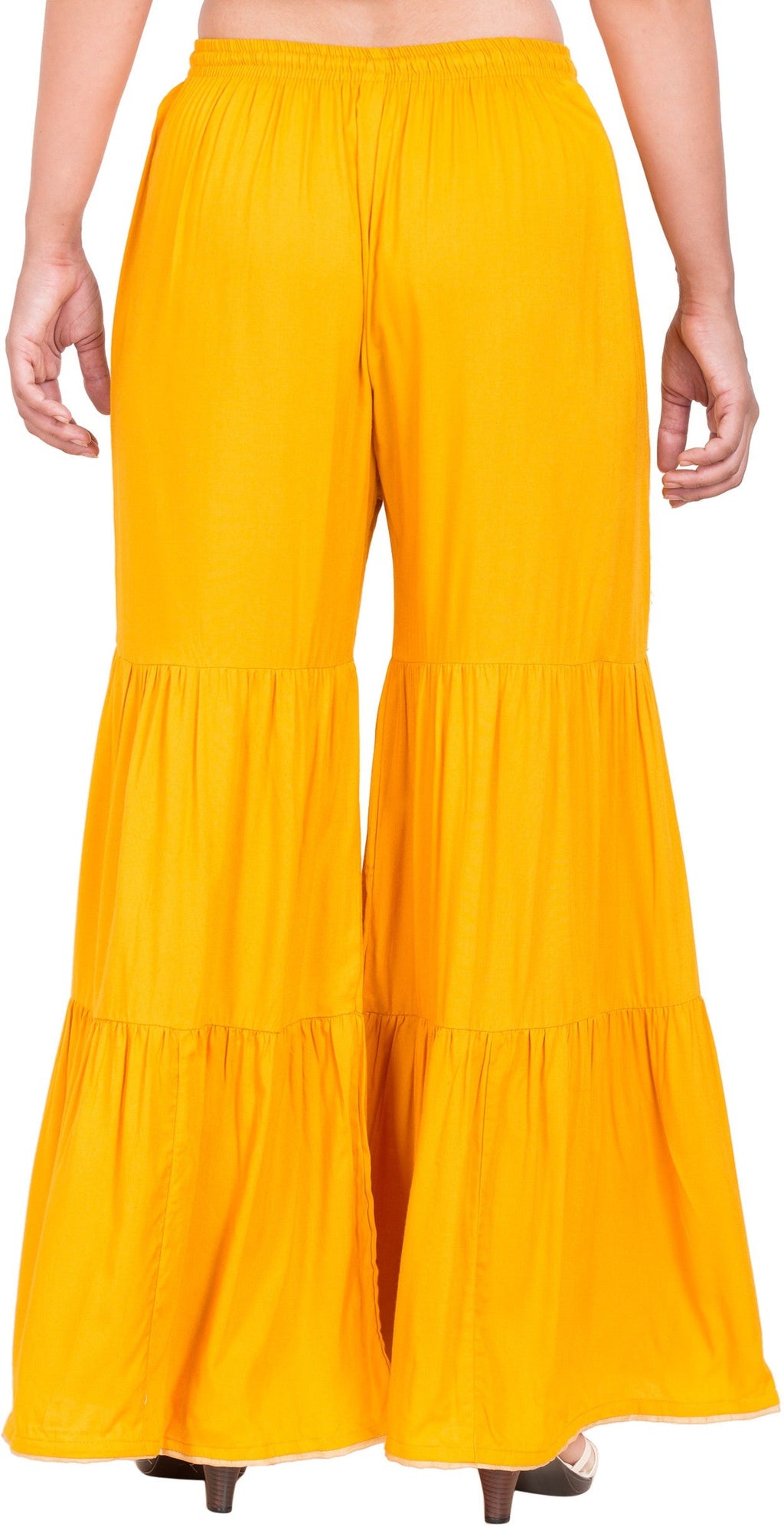 PAVONINE Mustard Color Solid 3-Panels Flared Sharara | Grocsy