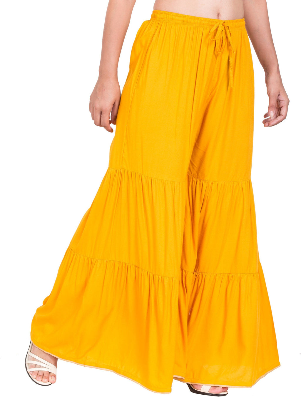 PAVONINE Mustard Color Solid 3-Panels Flared Sharara | Grocsy