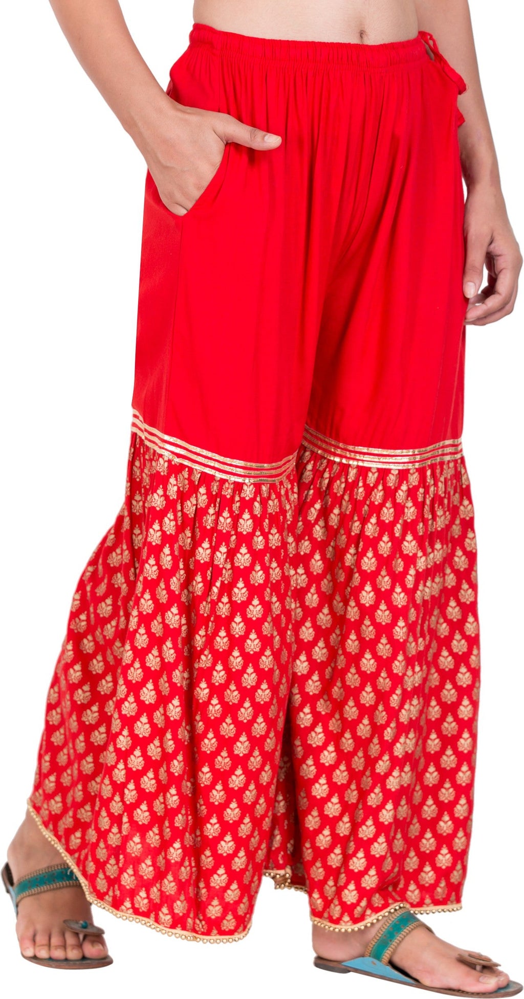 PAVONINE Red Color 3-Panels Sequence Printed Flared Sharara For Women & Girls | Grocsy