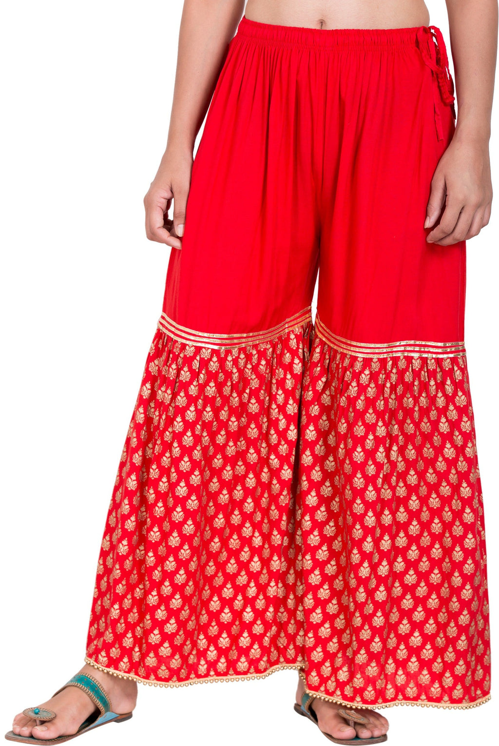 PAVONINE Red Color 3-Panels Sequence Printed Flared Sharara For Women & Girls | Grocsy