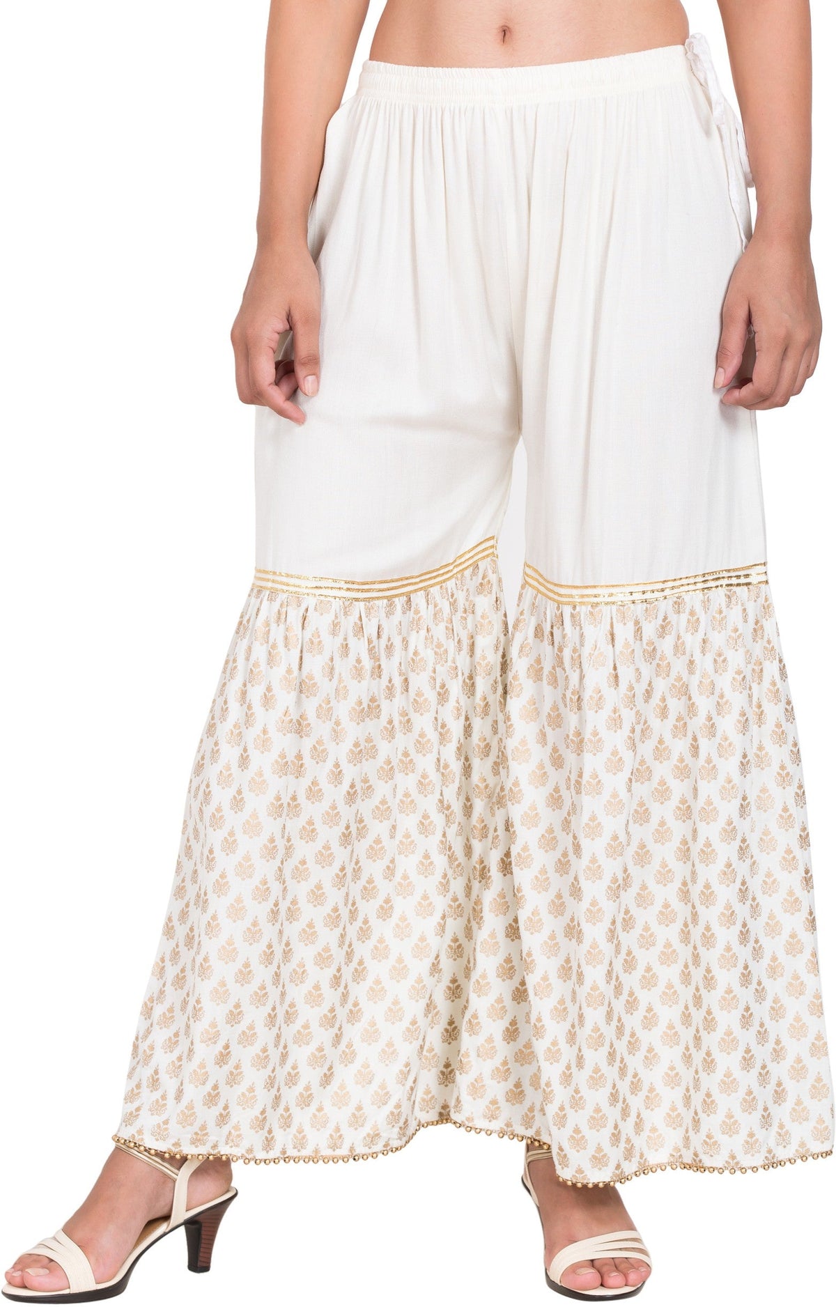 PAVONINE Off-White Color 3-Panels Sequence Printed Flared Sharara For Women & Girls | Grocsy