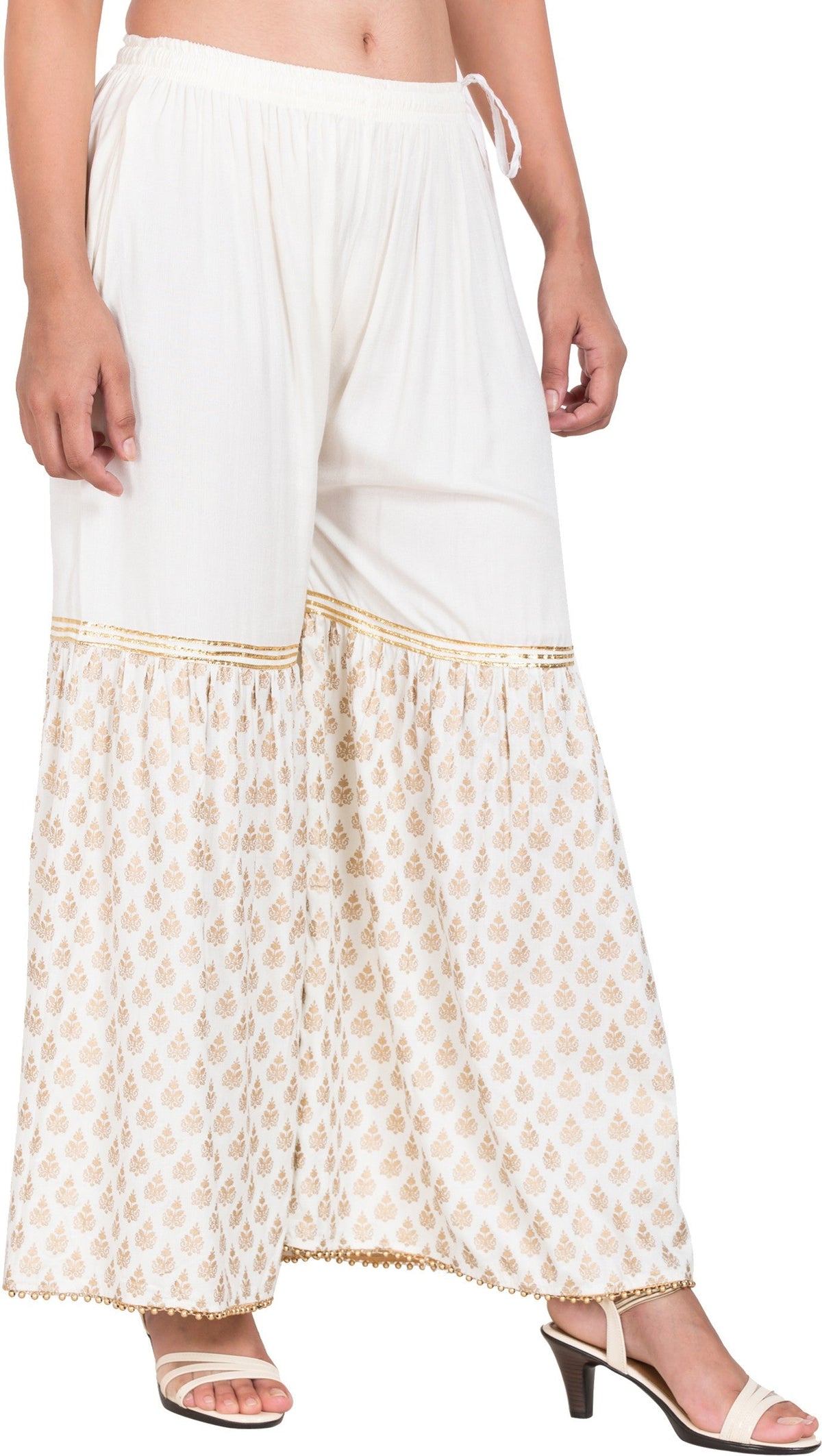 PAVONINE Off-White Color 3-Panels Sequence Printed Flared Sharara For Women & Girls | Grocsy