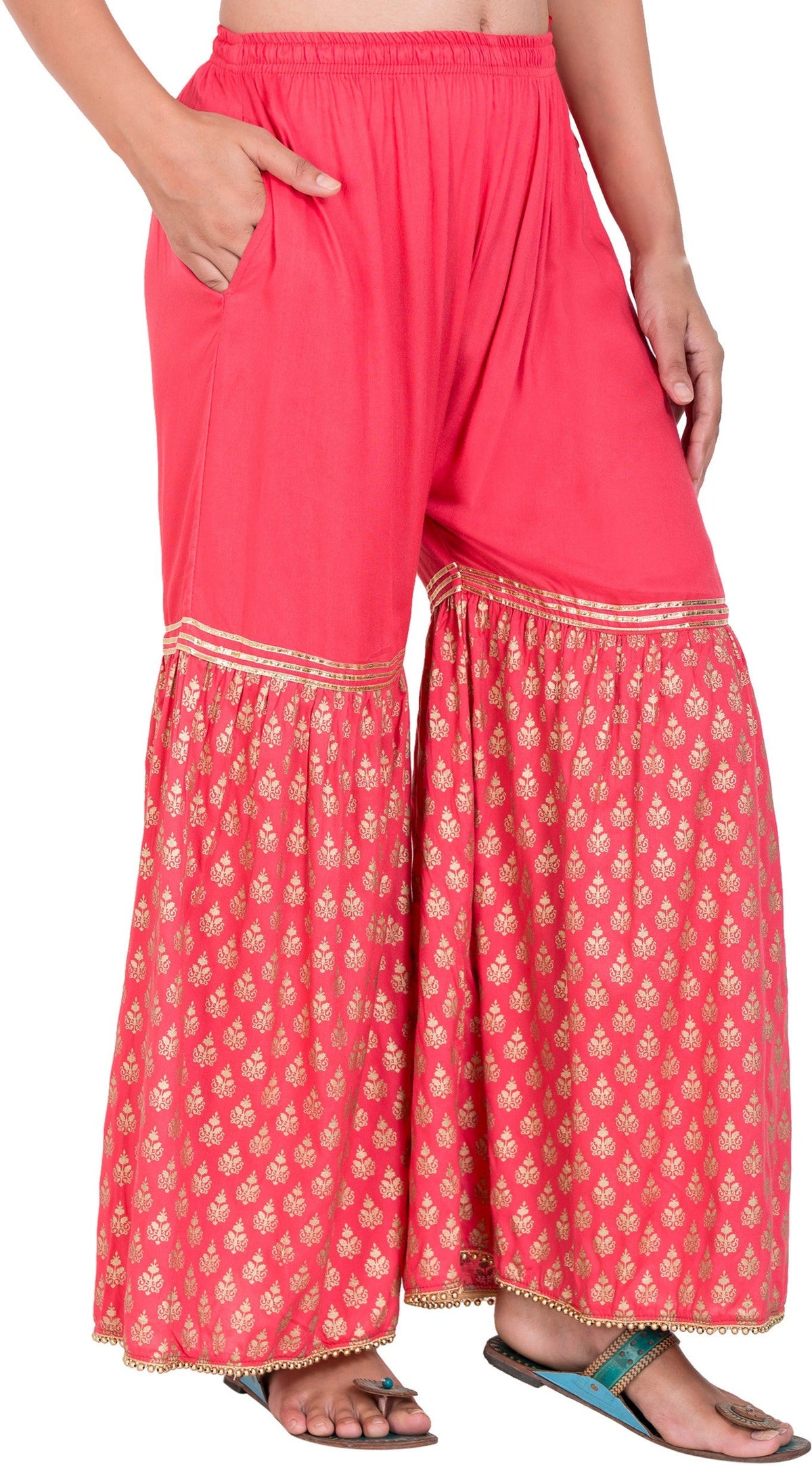 PAVONINE Gajri Color 3-Panels Sequence Printed Flared Sharara For Women & Girls | Grocsy