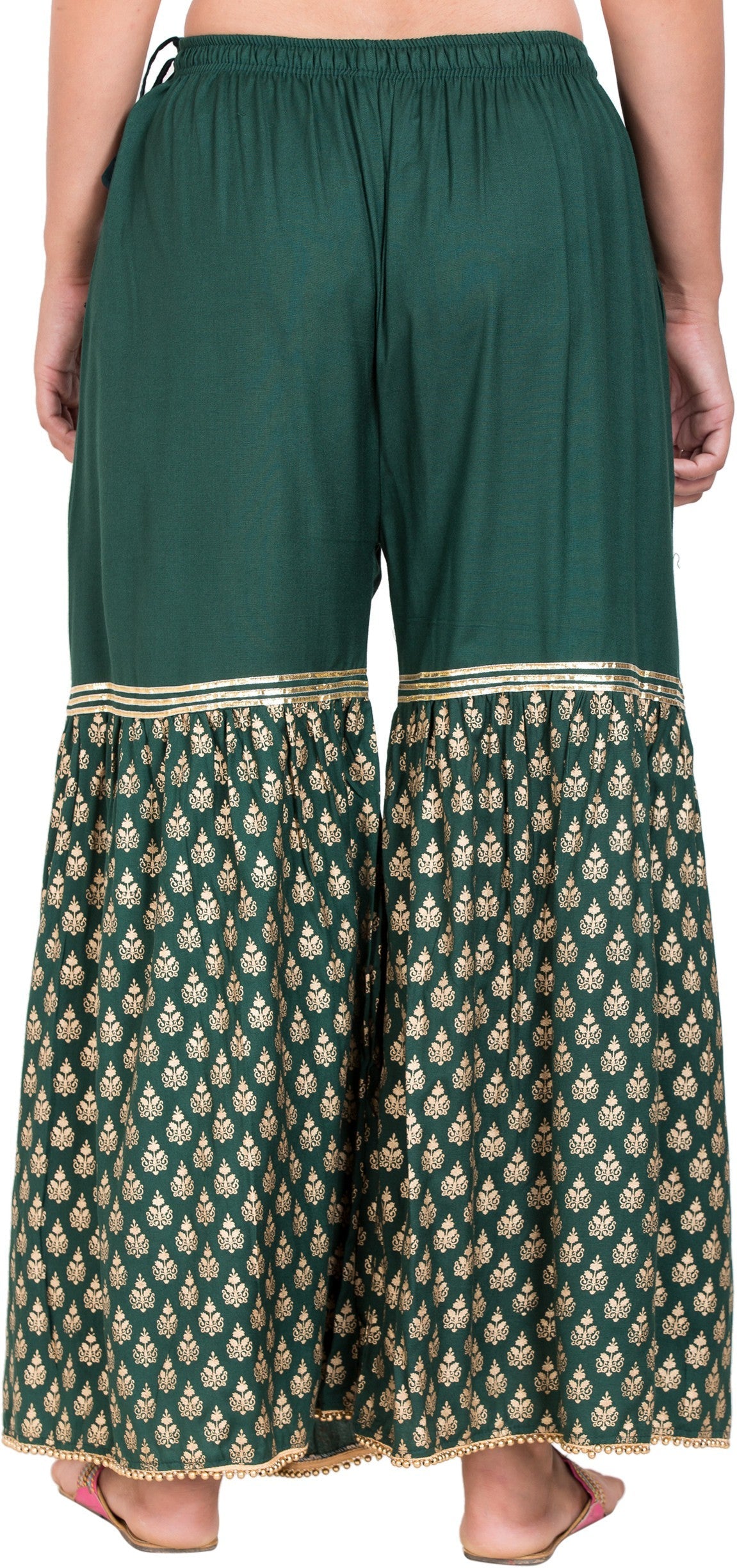 PAVONINE Bottle Green Color 3-Panels Sequence Printed Flared Sharara For Women & Girls | Grocsy