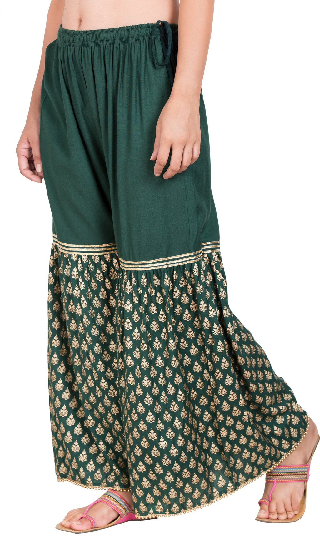 PAVONINE Bottle Green Color 3-Panels Sequence Printed Flared Sharara For Women & Girls | Grocsy