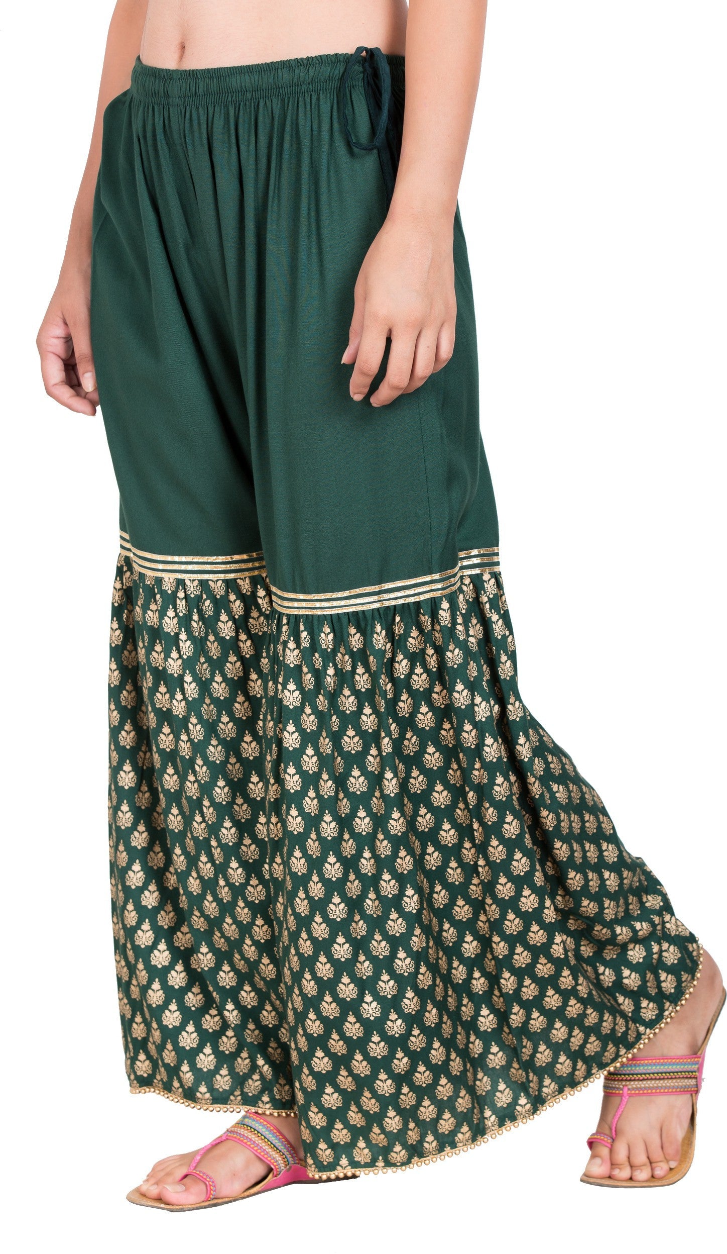 PAVONINE Bottle Green Color 3-Panels Sequence Printed Flared Sharara For Women & Girls | Grocsy