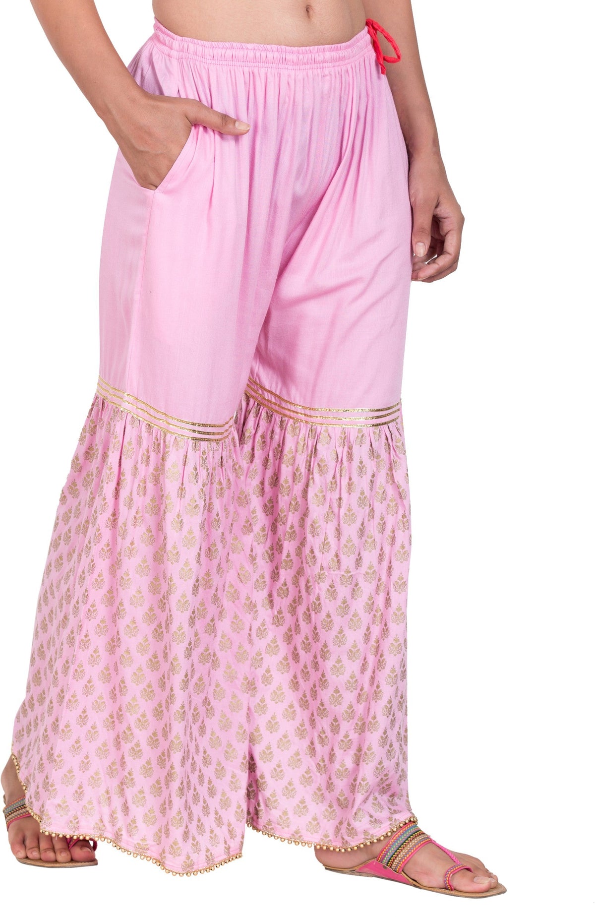 PAVONINE Pink Color 3-Panels Sequence Printed Flared Sharara For Women & Girls | Grocsy