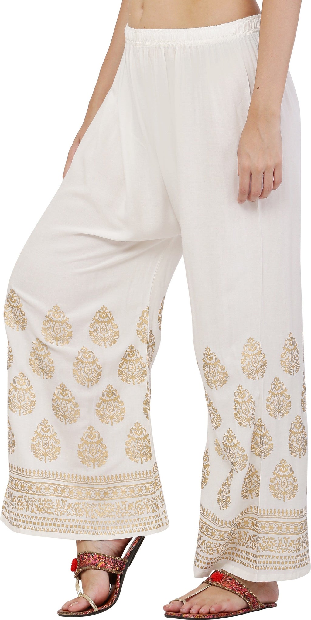 PAVONINE White Color Golden Printed Rayon Fabric Sharara For Women & Girls | Grocsy
