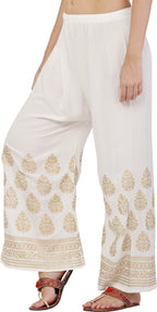 PAVONINE White Color Golden Printed Rayon Fabric Sharara For Women & Girls | Grocsy