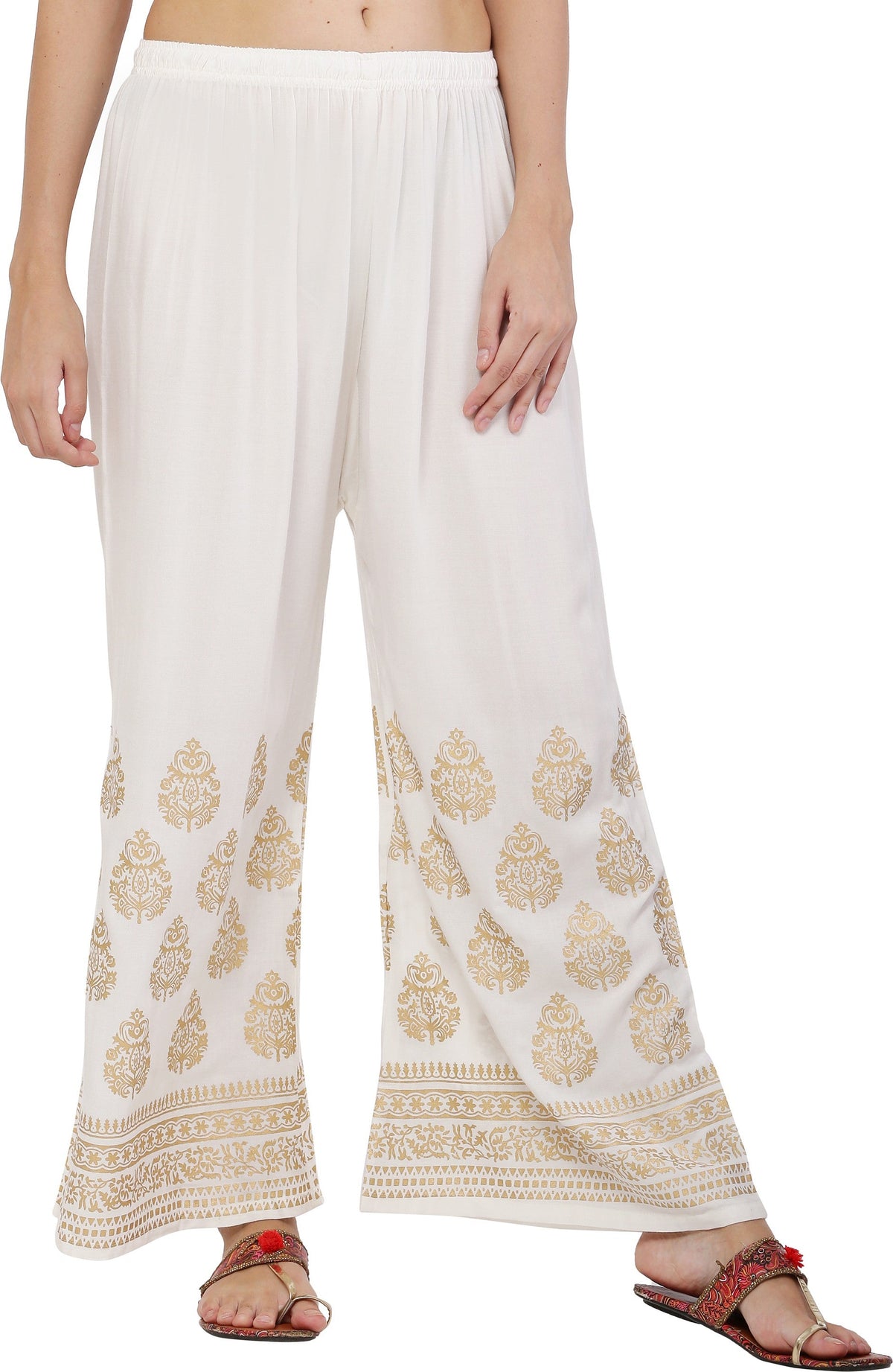 PAVONINE White Color Golden Printed Rayon Fabric Sharara For Women & Girls | Grocsy