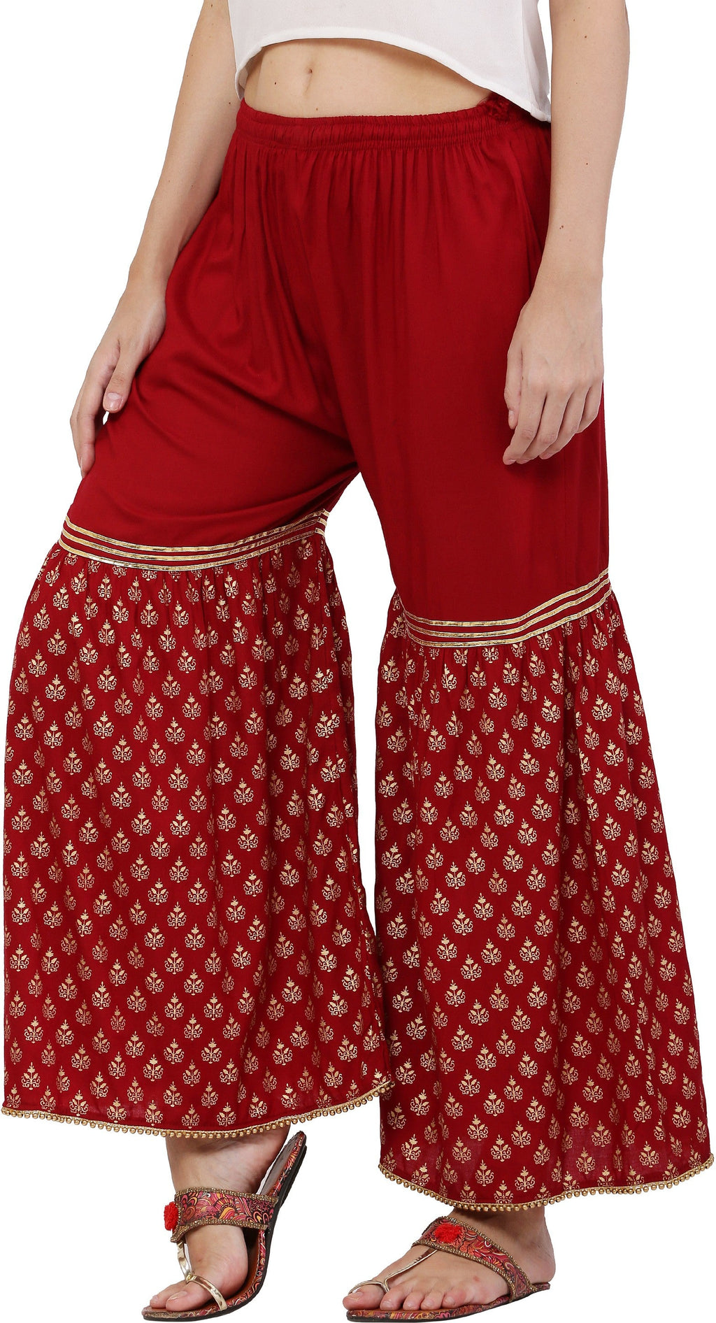 PAVONINE Maroon Color 3-Panels Sequence Printed Flared Sharara For Women & Girls | Grocsy