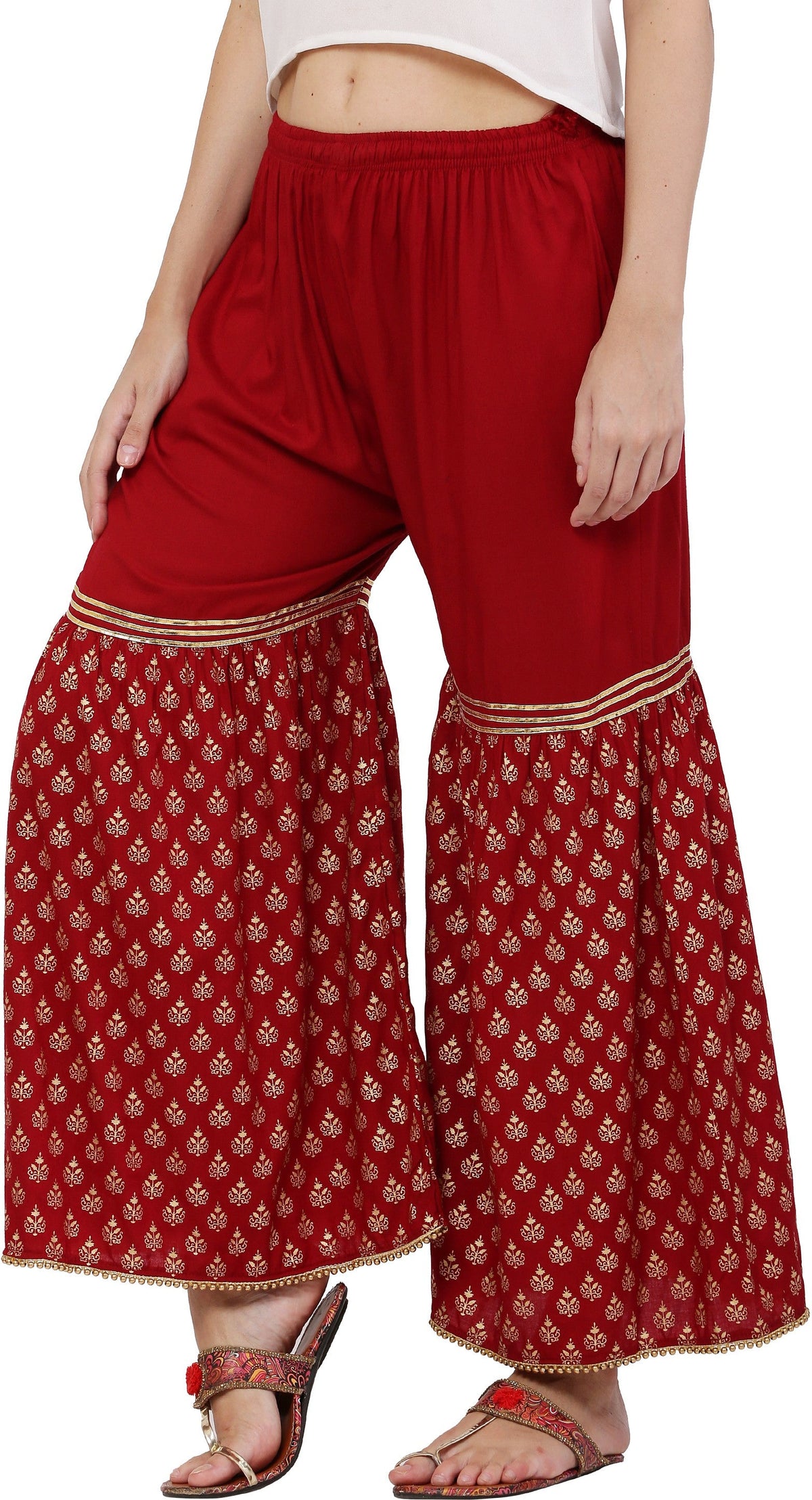 PAVONINE Maroon Color 3-Panels Sequence Printed Flared Sharara For Women & Girls | Grocsy