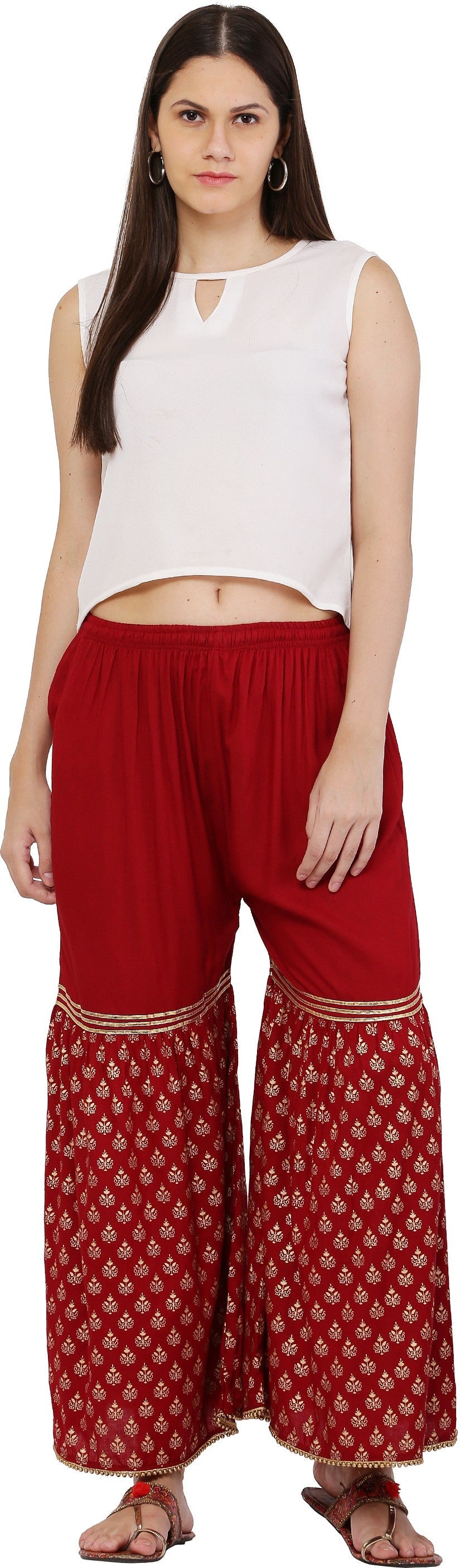 PAVONINE Maroon Color 3-Panels Sequence Printed Flared Sharara For Women & Girls | Grocsy