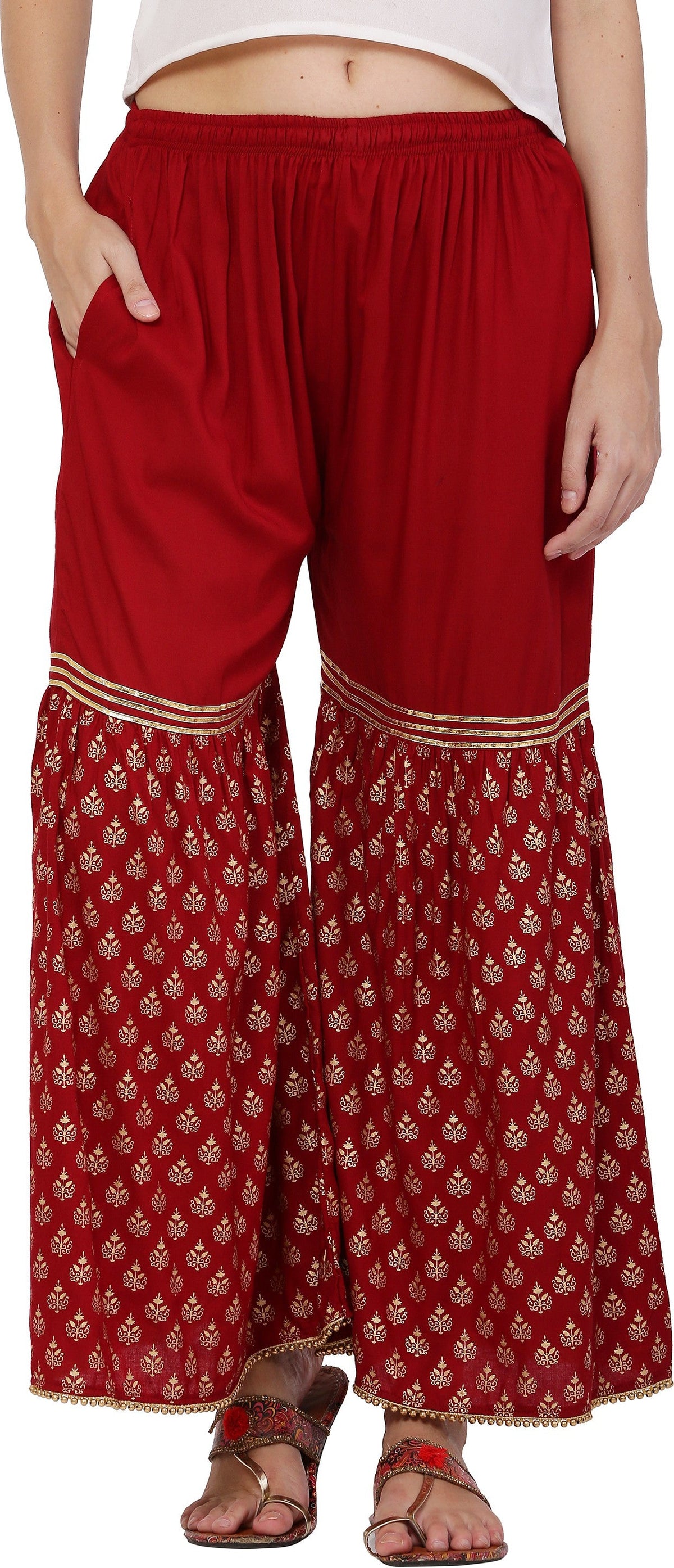 PAVONINE Maroon Color 3-Panels Sequence Printed Flared Sharara For Women & Girls | Grocsy